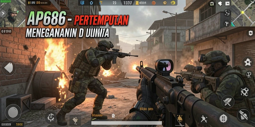 Screenshot gameplay AP686 menampilkan pertempuran mendebarkan dalam mode FPS.
