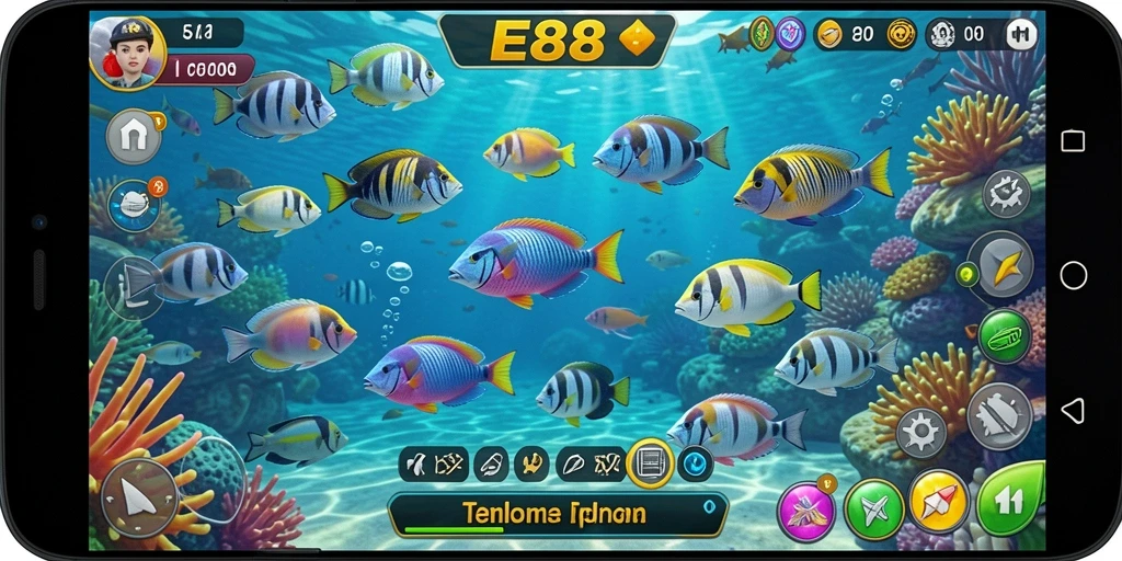 Screenshot permainan E88 menampilkan pemain menembak ikan di bawah laut.