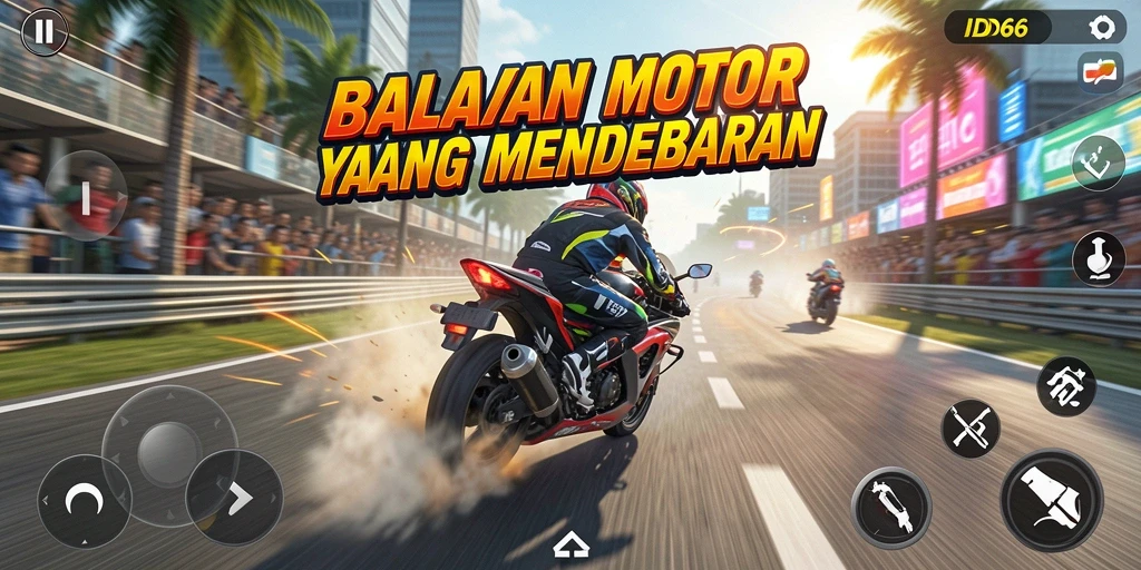 Screenshot utama ID66 menampilkan aksi balapan motor yang intens.