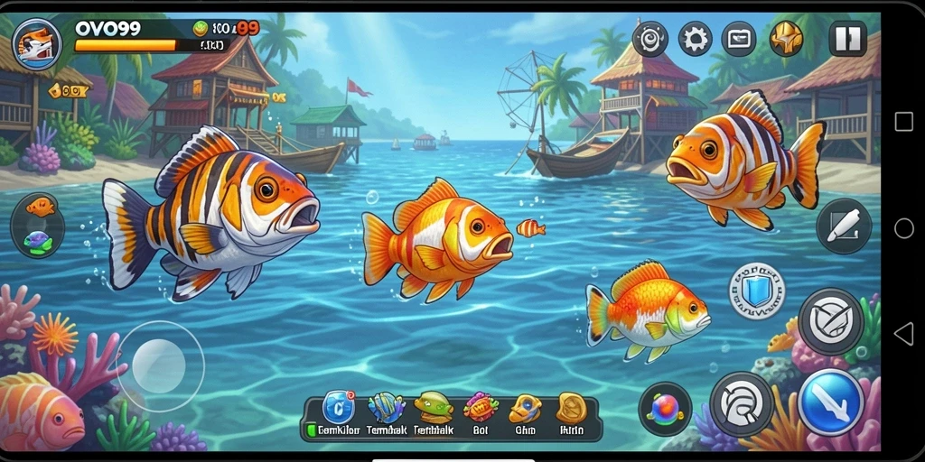 Tampilan gameplay OVO99 yang seru dan mendebarkan saat menembak ikan.