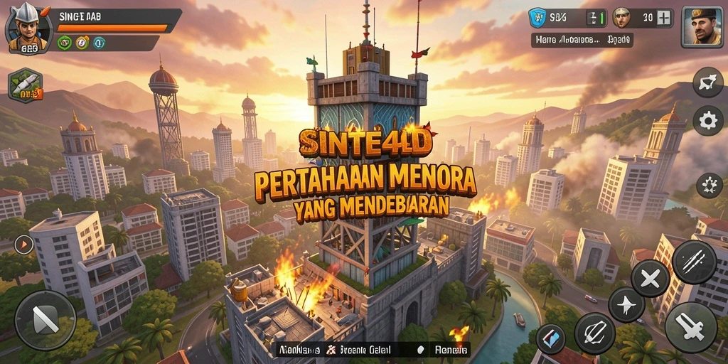 Gameplay menegangkan dalam SINTE4D dengan berbagai menara dan musuh.