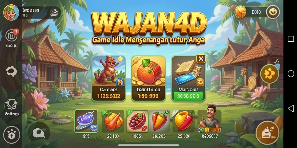 Screenshot utama WAJAN4D menampilkan gameplay santai dengan pengelolaan sumber daya.